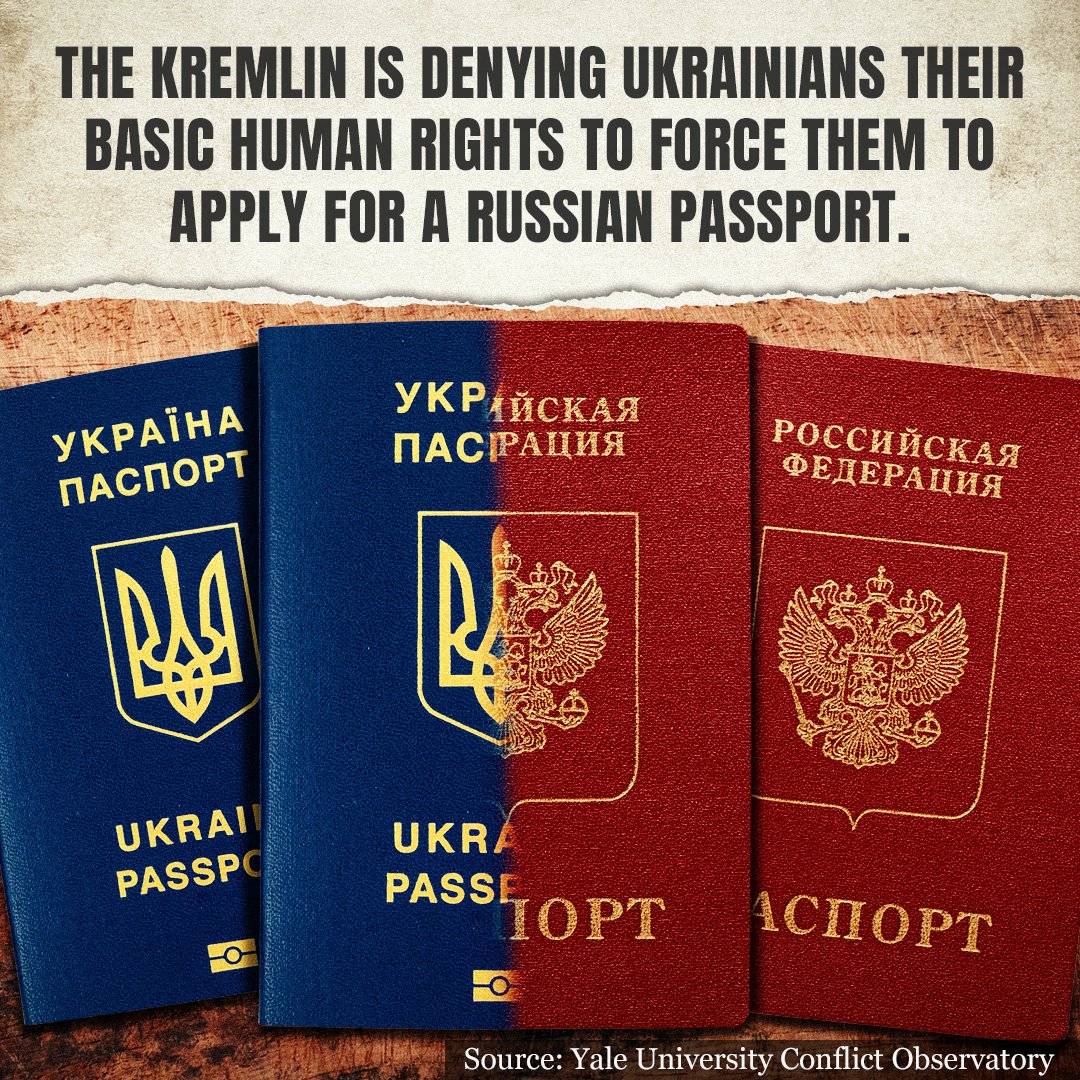 Many Ukrainians without a Russian passport in Luhansk, Donetsk, Zaporizhzhia, Kherson and Crimea cannot work, have a driving licence, visit a doctor or send their children to school. This is only one of Russia's tactics to erase Ukrainian identity. #TakenFromUkraine