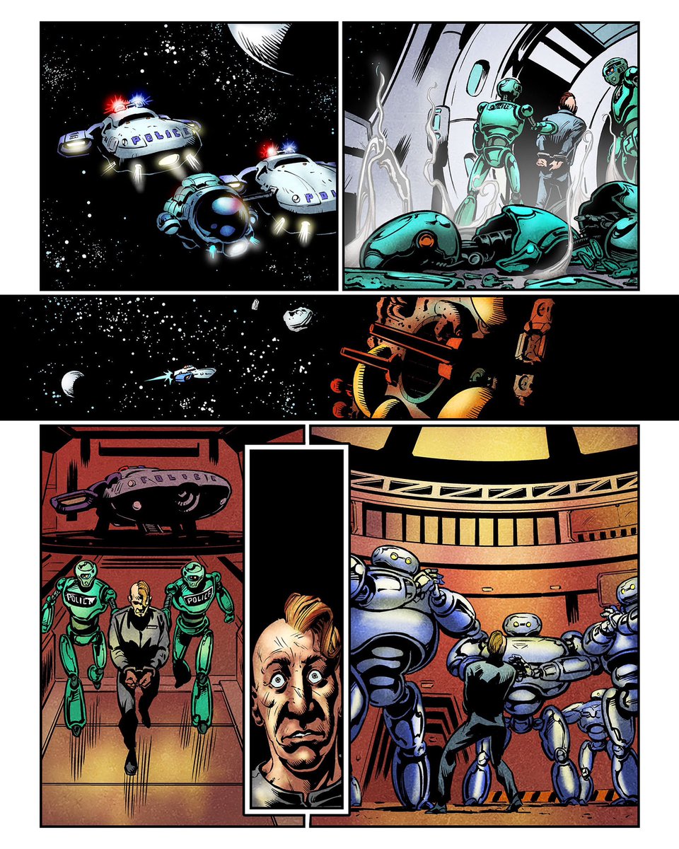 PippaBowland's tweet image. #sequentialsaturday

Space crime and punishment. 
Wanted to make the space prison look rusted, almost Martian, in contrast with the slick blues and greens earlier on.

VIN-E, from a 2000AD futureshock earlier this year… 
story: @JamesPeaty1575 , Art: Gary Welsh, colours by me.