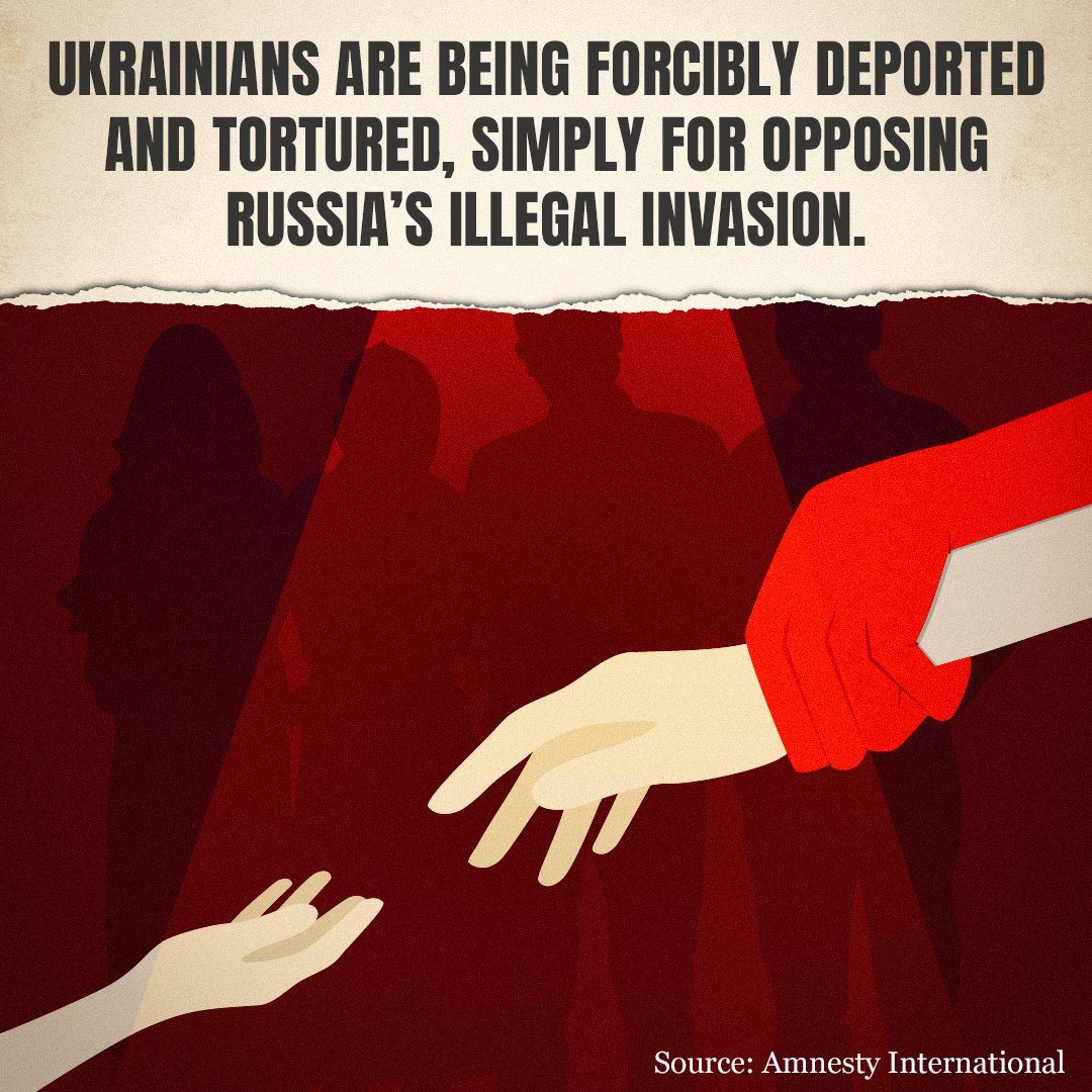 Evidence reveals that Russia is transferring and deporting Ukrainians from Luhansk, Donetsk, Zaporizhzhia, Kherson and Crimea subjecting them to human rights violations such as torture, and depriving them of food and water. #TakenFromUkraine