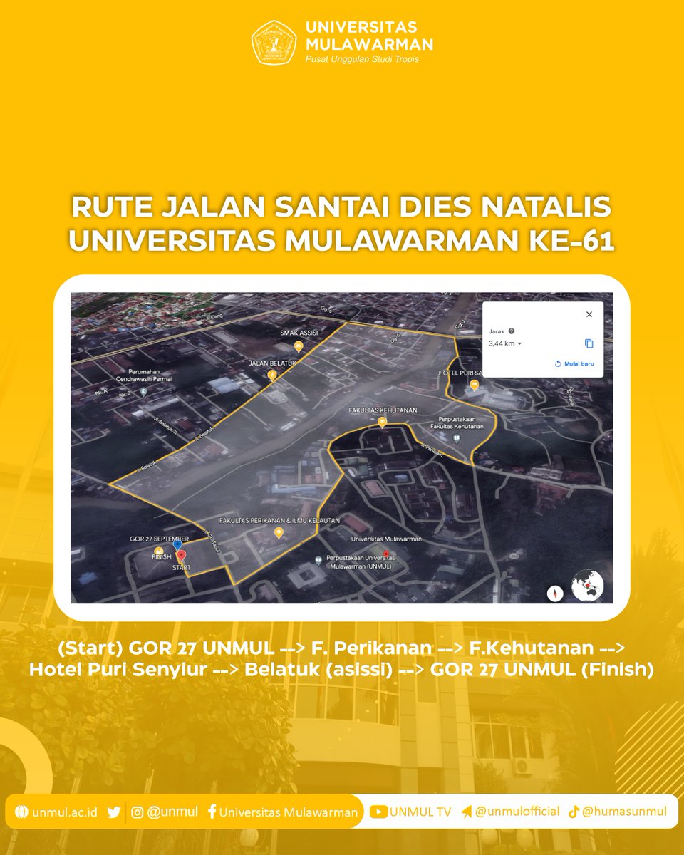 Halo, #SivitasUNMUL

Dalam rangka kegiatan Dies Natalis ke 61 Tahun, UNMUL Mmengadakan Jalan Sehat bersama Gubernur dan Rektor UNMUL. Acara ini dapat diikuti oleh seluruh civitas akademika dan umum

Minggu, 17 September 2023 mulai pukul 06.00 wita #UNMULHebat #DiesNatalis61UNMUL