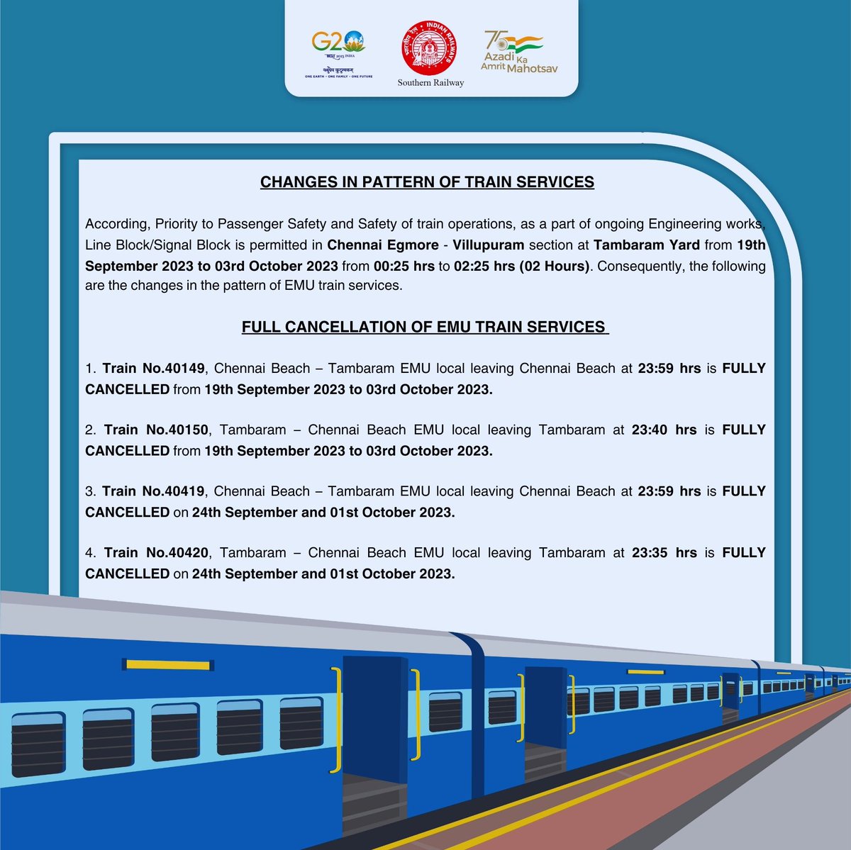 From September 19th to October 3rd, 2023, we'll be making some changes to EMU train services in the Chennai Egmore - Villupuram section due to ongoing engineering works at Tambaram Yard.

#RailwayUpdates #RailwayAlert #Chennai #TrainTravel #Tambaram #ChennaiBeach #PlanYourJourney