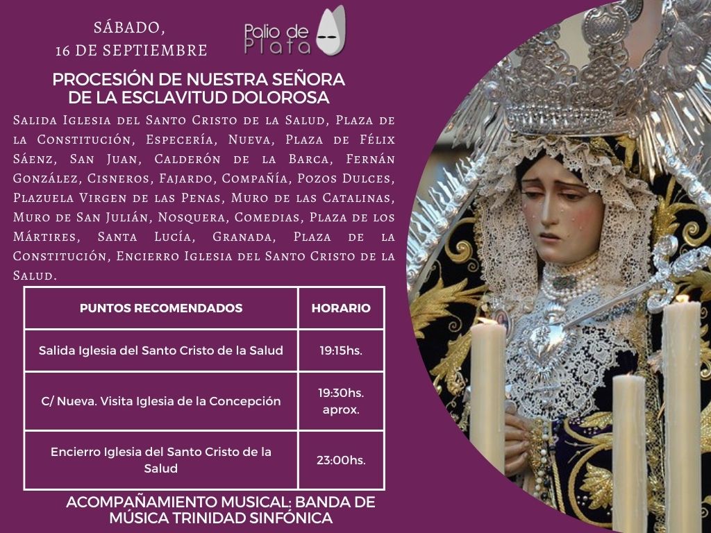 🔴 A partir de las 19:15hs., la Virgen de la Esclavitud Dolorosa (<a href="/Hdad_Esclavitud/">Hermandad Esclavitud</a>) procesionará por las calles del Centro Histórico, con los sones de <a href="/Banda_Trinidad/">Trinidad Sinfónica</a>.

👉🏽 Sigue en directo la procesión a través de nuestras redes sociales.

#CofradíasMLG