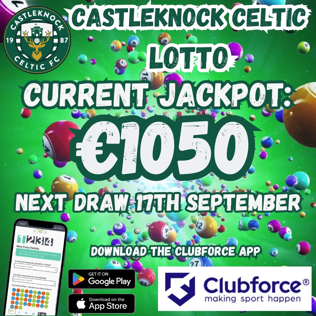 Castleknock Celtic Lotto the Jackpot for 17th September’s draw is €1050!! Click on the link to play: castleknockceltic.clubforce.com/products/lotto…