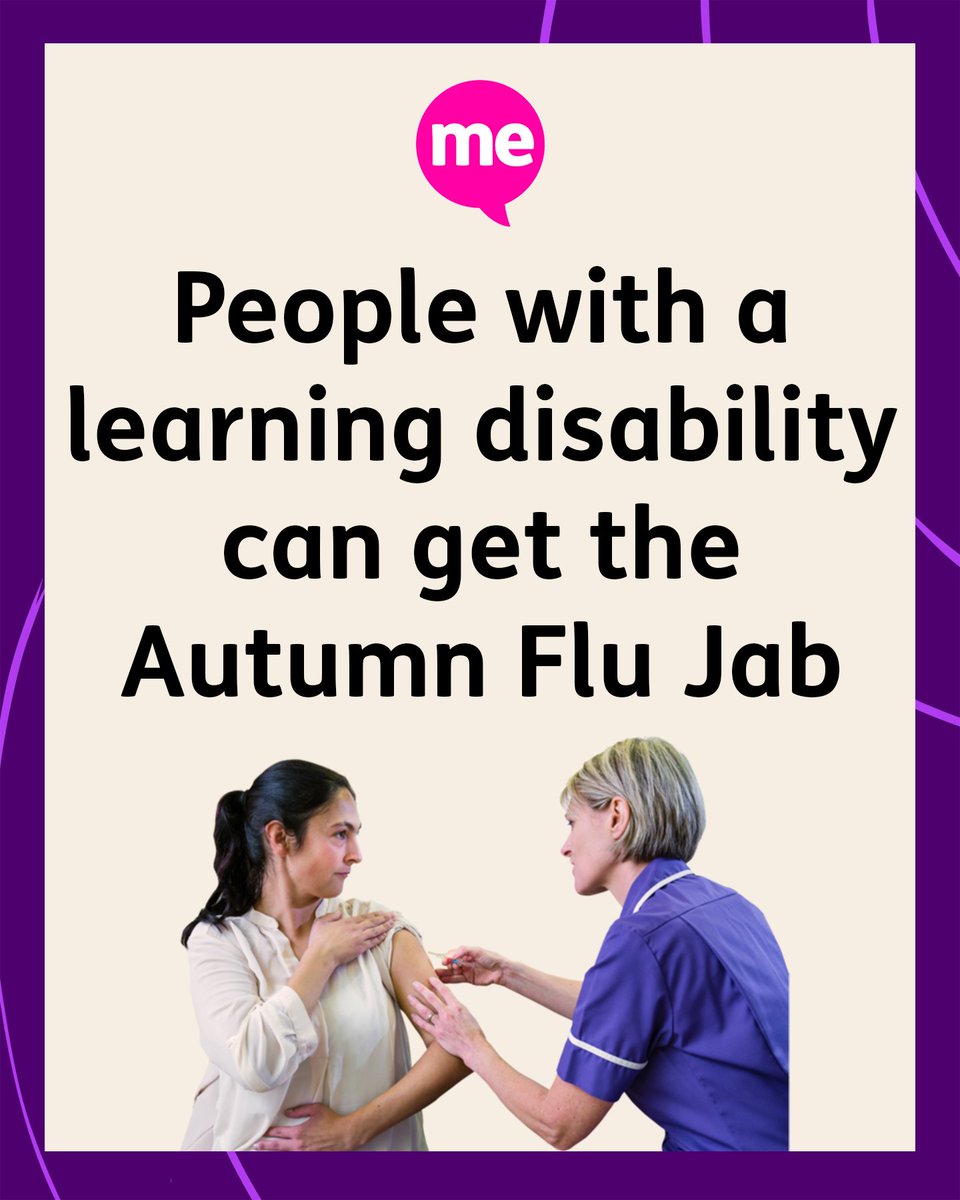 People with a #LearningDisability can now get the Autumn flu vaccine. 💉 Having one is the best way to avoid getting ill from the flu. Make sure you are on the #LearningDisabilityRegister at your doctors to be invited for a #FluVaccine. Learn more: mencap.org.uk/easyread/autum… 👈