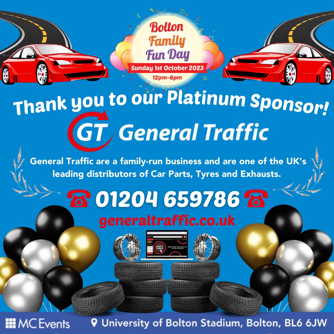 We are thrilled to announce <a href="/General_Traffic/">General Traffic</a> as a platinum sponsor for the Bolton Family Fun Day!  💖

📅 Sunday, 1st October 2023
⏰ 12 pm to 6 pm

Contact them for all your vehicle part queries: 📞 01204 659786 🌐 generaltraffic.co.uk

#BoltonFamilyFunDay  🎉