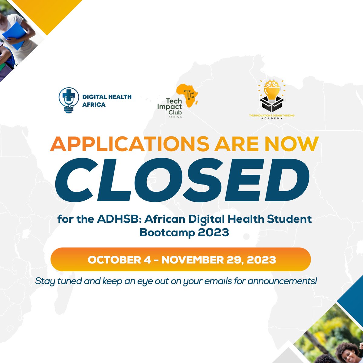 DIGIhealthAf's tweet photo. Applications for the African Digital Health Student Bootcamp 2023 are now closed 🔐
Thanks to everyone who applied.
Kindly keep an eye on your emails for your application updates.
Best Wishes 🤞
#adhsb2023
#StudentBootcamp
#digitalhealthafrica https://t.co/rvBNyague3