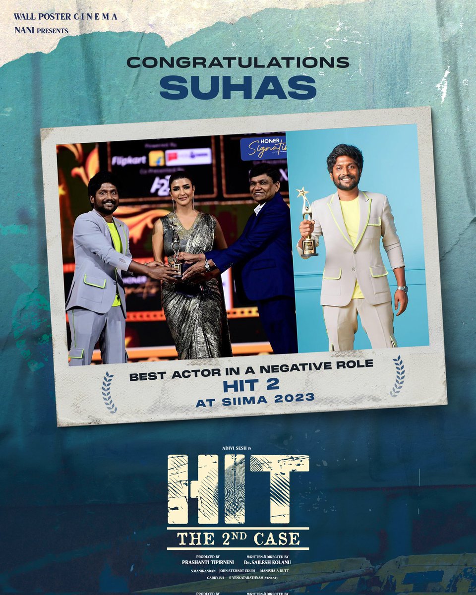 The talented @ActorSuhas wins the BEST ACTOR IN A NEGATIVE ROLE at @siima for his terrific performance as Kumar in BLOODY BLOCKBUSTER #HIT2 ❤️‍🔥 #BloodyBlockbuster @AdiviSesh @NameisNani @KolanuSailesh @Meenakshiioffl @tprashantii