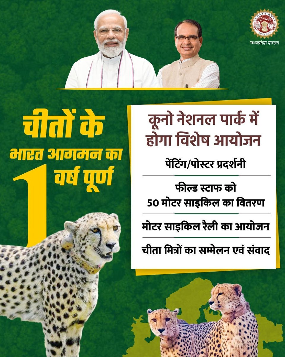 minforestmp's tweet image. चीतों के भारत आगमन का 1 वर्ष पूर्ण
---
कूनो नेशनल पार्क में होगा विशेष आयोजन 

#CheetahStateMP 
#OneYearWithCheetahs 
#JansamparkMP
