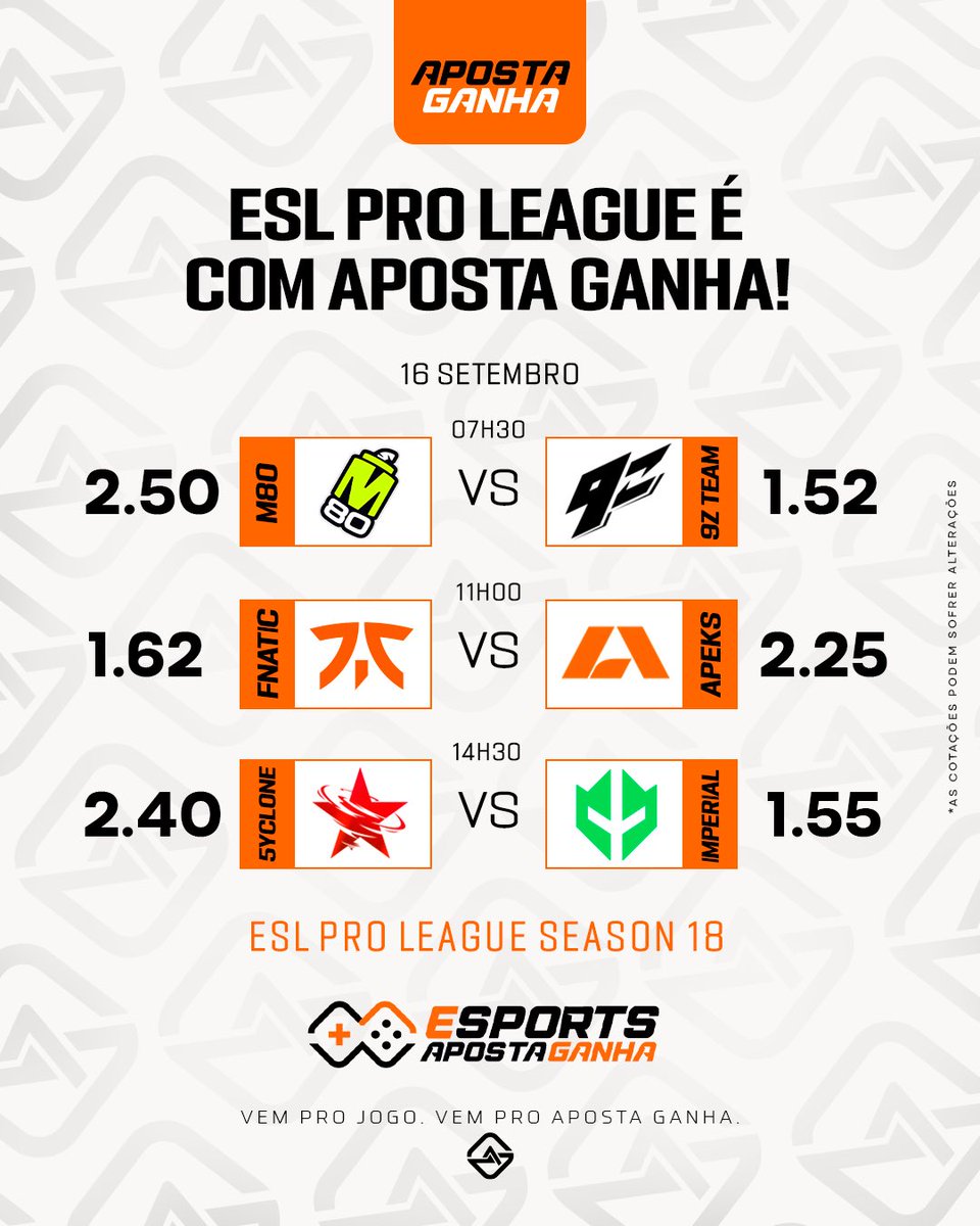 apostaganhabet_'s tweet photo. ESL PRO LEAGUE!
Bora para mais um dia de CS:GO no https://t.co/l8iD9NsAvT!
Quem vence?
https://t.co/kj7vJ6B3kZ
#ESLProLeague #goimperial #CSGO https://t.co/zBo7pqoGzW