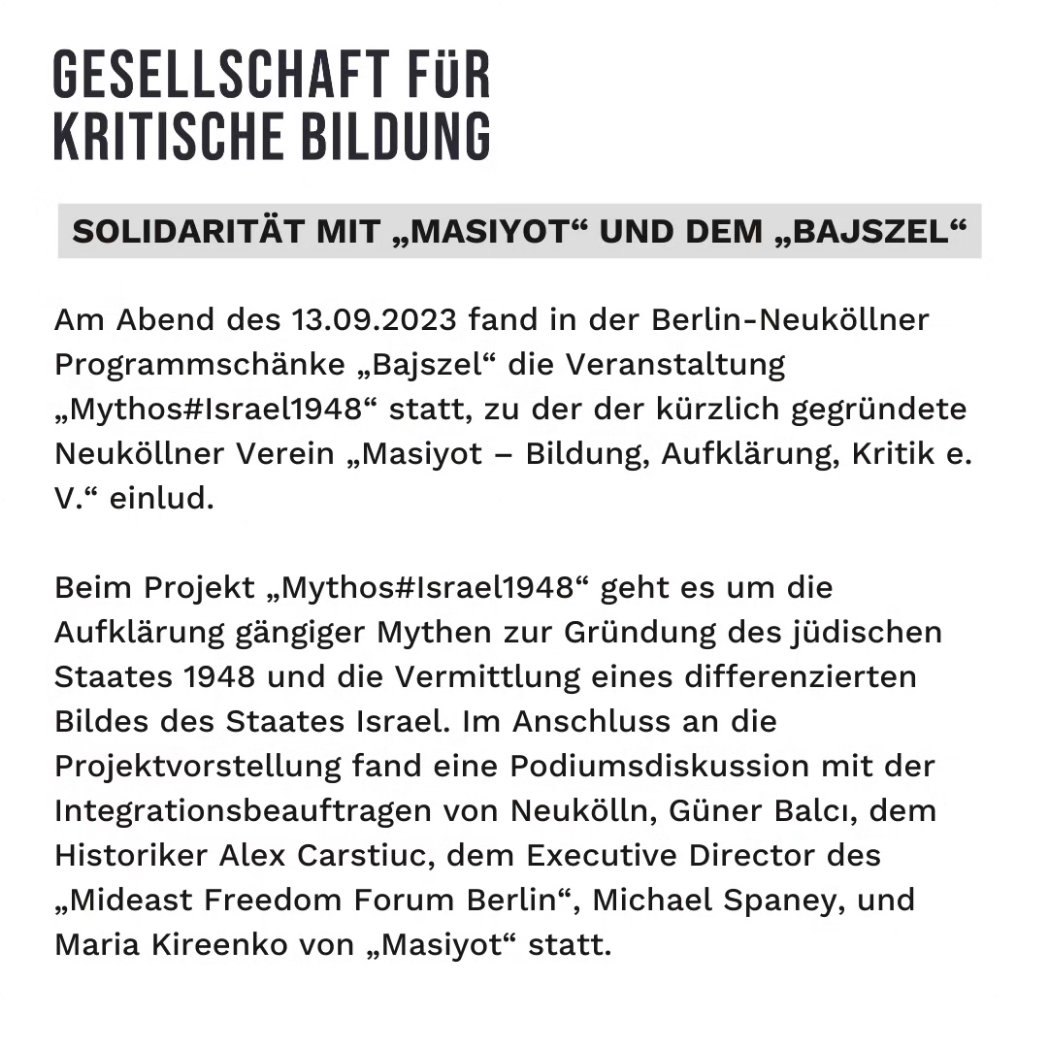 gfkb_2022's tweet photo. Wir solidarisieren uns mit dem Berliner "Bajszel", dem Verein "Masiyot" und den Teilnehmerinnen und Teilnehmern der Podiumsdiskussion (Güner Balci vom @BerlinNkl , Alex Carstiuc, @MariaKireenko &amp; Michael Spaney vom @MFFB_Berlin )! https://t.co/XjGb0bD0nw