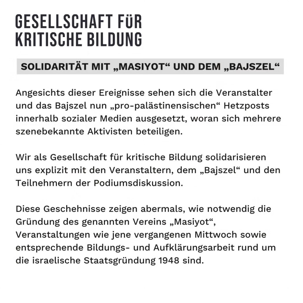 Wir solidarisieren uns mit dem Berliner "Bajszel", dem Verein "Masiyot" und den Teilnehmerinnen und Teilnehmern der Podiumsdiskussion (Güner Balci vom @BerlinNkl , Alex Carstiuc, @MariaKireenko &amp; Michael Spaney vom <a href="/MFFB_Berlin/">Mideast Freedom Forum Berlin</a> )!