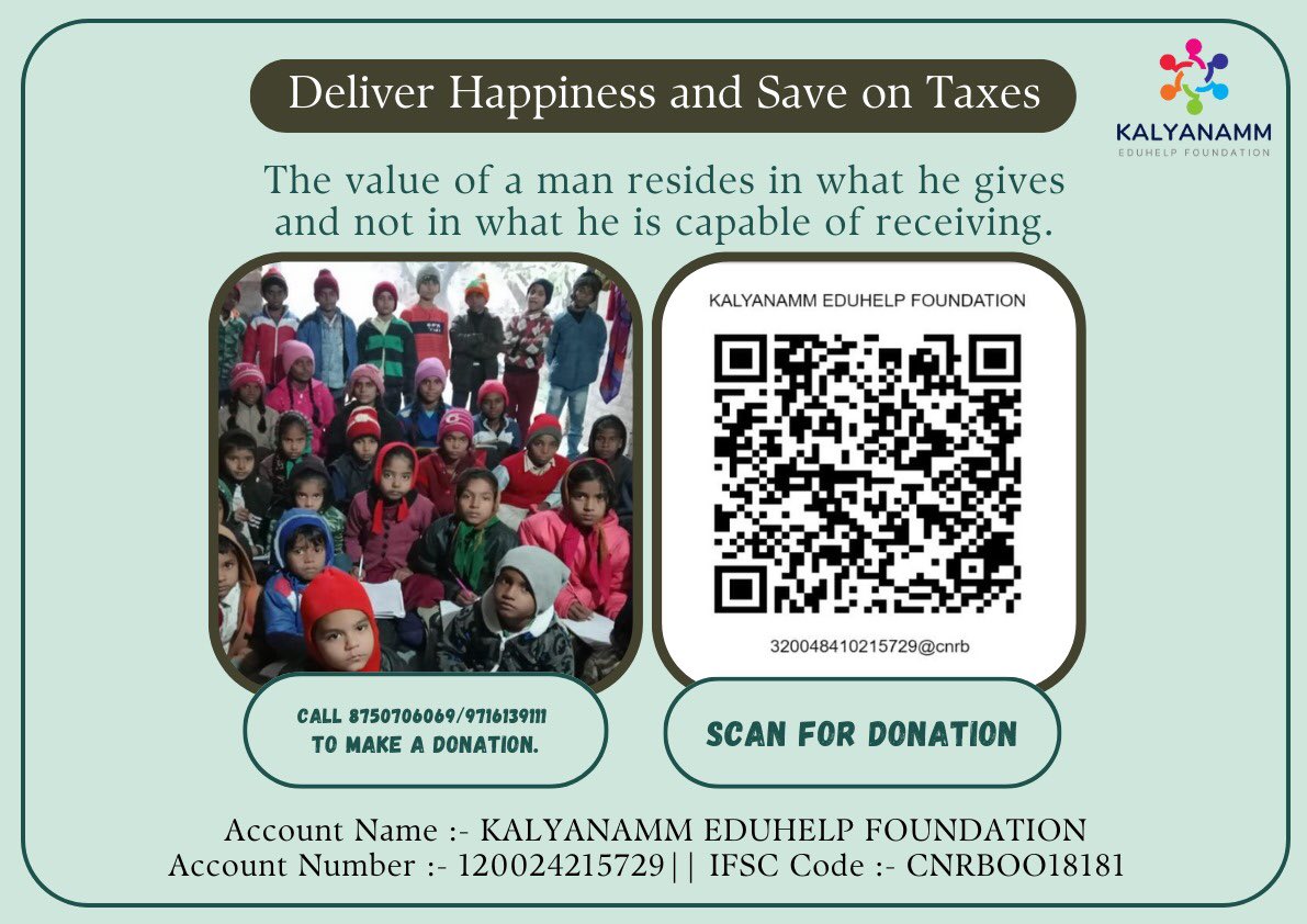🌟 Making a positive impact with every donation! 🤝 Join us in supporting the incredible work of Kalyanamm Foundation. Together, we can make a difference in the lives of those in need. Donate today and be a part of something meaningful! 💙 

#DonateForGood #KalyanammFoundation