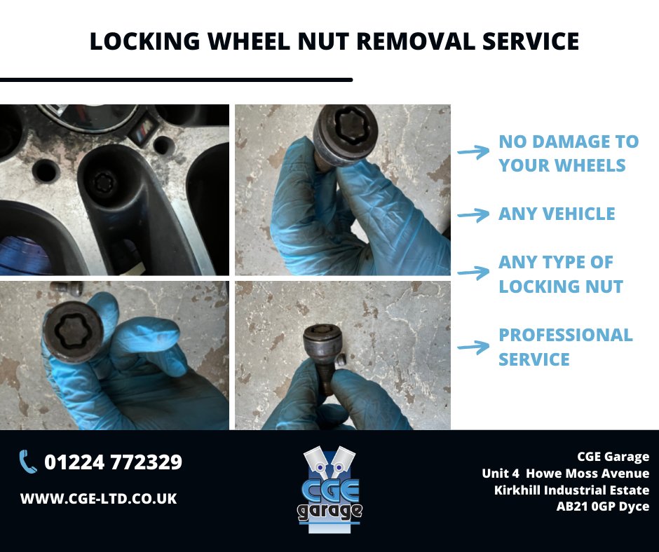 CgeGarageDyce's tweet photo. As it get's near that time to look to have your summer tyres removed, can't find your locking nut or it's broken? Contact @CgeGarageDyce to have your locking nut removed damage free. 
#lockingnut #lockingnutremoval #tyres #tyrereplacement #wheels #carservice #mot #carrepair https://t.co/1vupousEYH
