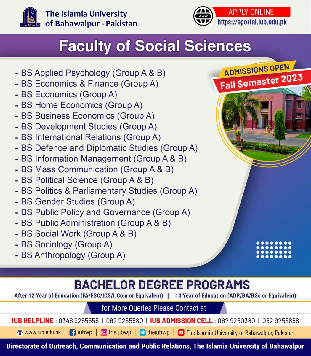 theiubwp's tweet image. 𝘼𝙙𝙢𝙞𝙨𝙨𝙞𝙤𝙣𝙨 𝙤𝙥𝙚𝙣 𝙞𝙣 𝘽𝙖𝙘𝙝𝙚𝙡𝙤𝙧, 𝙈𝙋𝙝𝙞𝙡/𝙈𝙎/𝙈𝙎𝙘 (𝙃𝙤𝙣𝙨)/𝙈𝘽𝘼/𝙇𝙇𝙈 &amp;amp; 𝙋𝙝𝘿 𝙋𝙧𝙤𝙜𝙧𝙖𝙢𝙨 𝙛𝙤𝙧 𝙁𝙖𝙡𝙡 𝙎𝙚𝙢𝙚𝙨𝙩𝙚𝙧 2023

𝘼𝙥𝙥𝙡𝙮 𝙊𝙣𝙡𝙞𝙣𝙚:
eportal.iub.edu.pk

#IslamiaUniversityBahawalpur #AdmissionsOpen #FallSession #IUB
