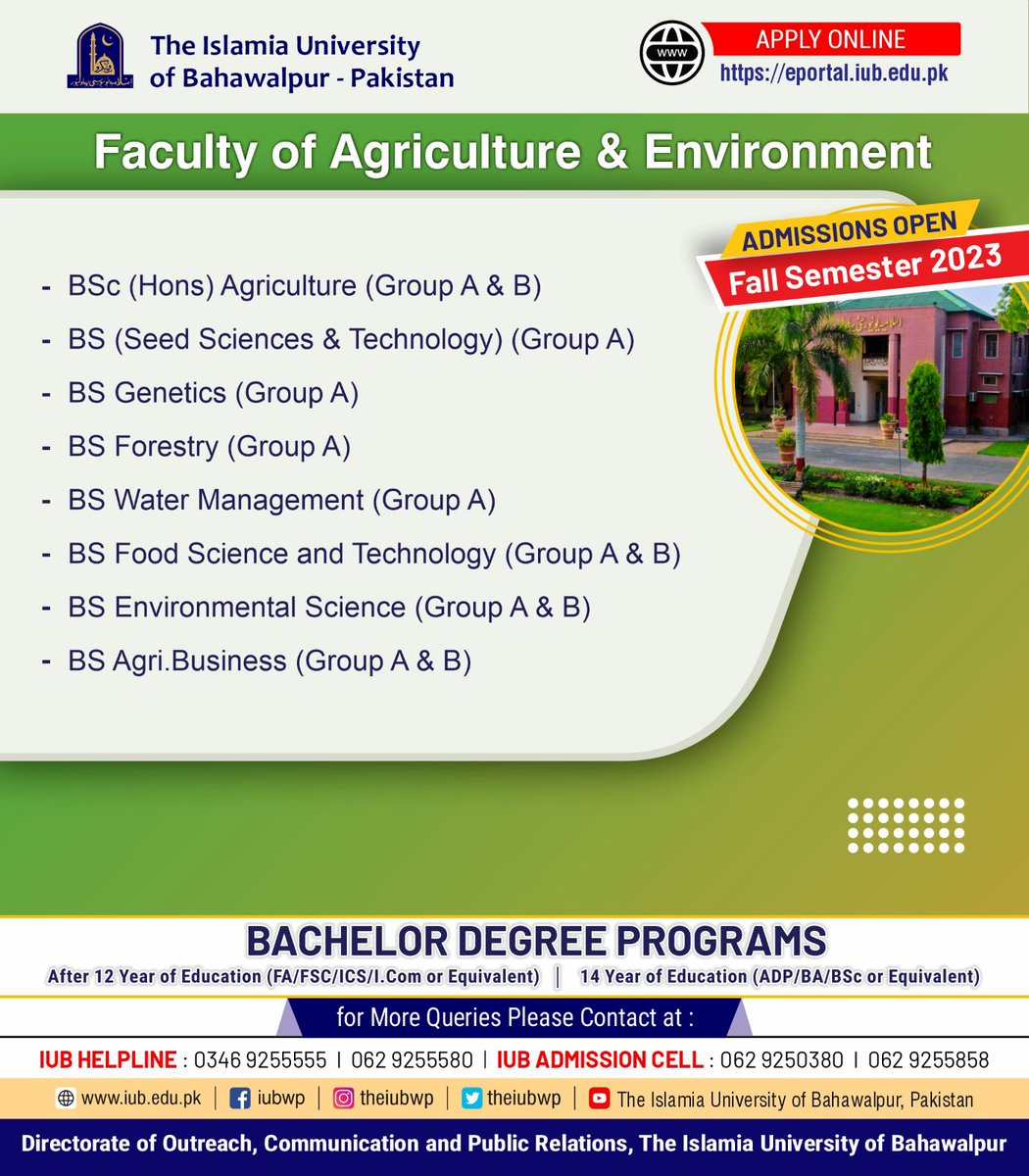 theiubwp's tweet image. 𝘼𝙙𝙢𝙞𝙨𝙨𝙞𝙤𝙣𝙨 𝙤𝙥𝙚𝙣 𝙞𝙣 𝘽𝙖𝙘𝙝𝙚𝙡𝙤𝙧, 𝙈𝙋𝙝𝙞𝙡/𝙈𝙎/𝙈𝙎𝙘 (𝙃𝙤𝙣𝙨)/𝙈𝘽𝘼/𝙇𝙇𝙈 &amp;amp; 𝙋𝙝𝘿 𝙋𝙧𝙤𝙜𝙧𝙖𝙢𝙨 𝙛𝙤𝙧 𝙁𝙖𝙡𝙡 𝙎𝙚𝙢𝙚𝙨𝙩𝙚𝙧 2023

𝘼𝙥𝙥𝙡𝙮 𝙊𝙣𝙡𝙞𝙣𝙚:
eportal.iub.edu.pk

#IslamiaUniversityBahawalpur #AdmissionsOpen #FallSession #IUB