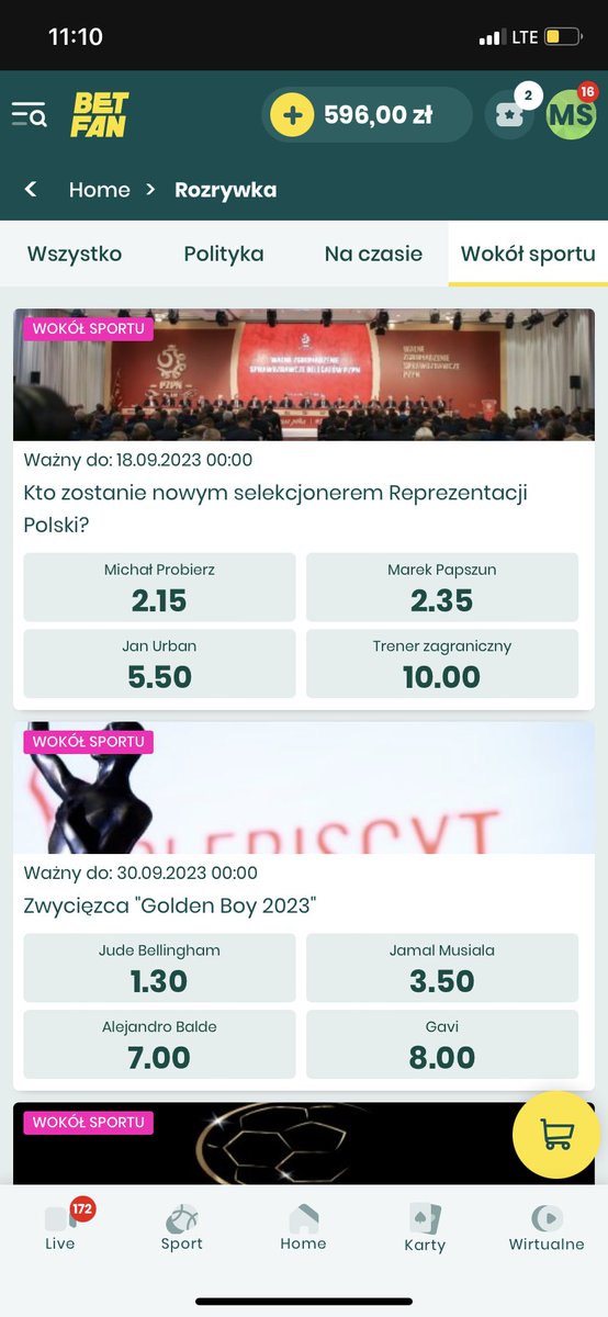 MarioMariusz18's tweet photo. @cezarybrzuzy @SuperbetPL W @BETFANPL bardziej wyrównane kursy 😉 I pytanie kto zostanie? https://t.co/XTXPmFRYPl