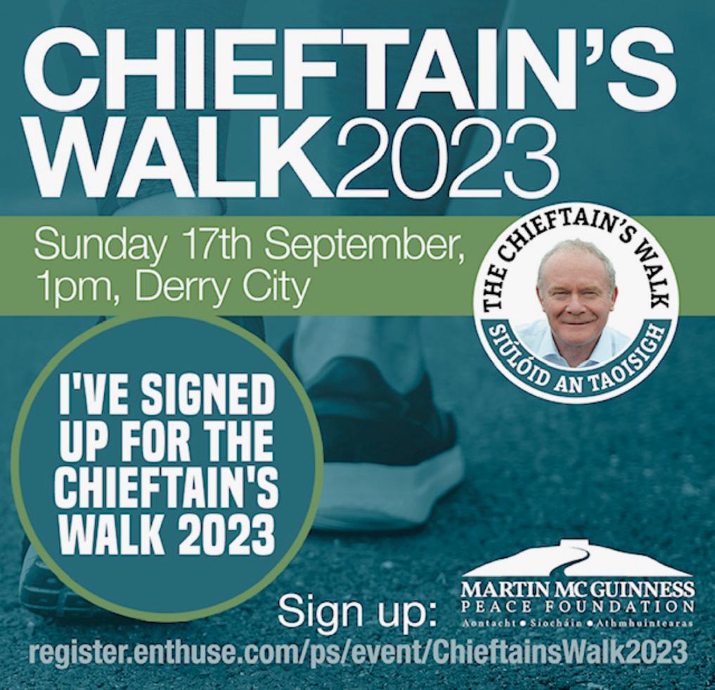 Annual Chieftain's Walk in memory of Martin McGuinness takes place this Sunday in Derry. You can register here: register.enthuse.com/ps/event/Chief… If you can't get to Derry you can still support the Martin McGuinness Peace Foundation by registering & doing your own Chieftain's Walk locally.