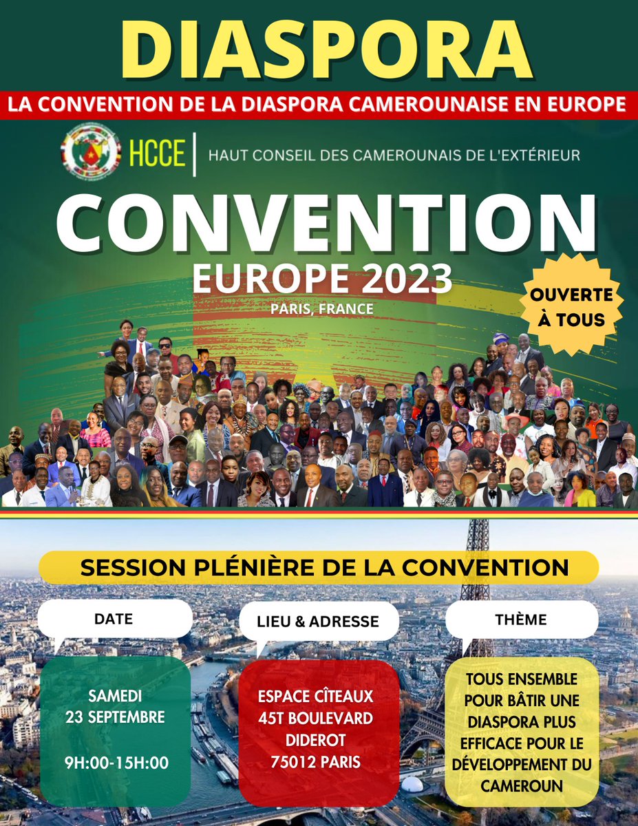 ccic_chambre's tweet photo. Avec LA CONVENTION DE LA DIASPORA CAMEROUNAISE EN EUROPE, le HCCE se donne pour mission de réunir nos ressortissants pour organiser notre communauté en Europe afin qu'elle puisse mieux représenter notre pays et ainsi devenir un véritable levier de développement socio-économique. https://t.co/e4OLATd5dO