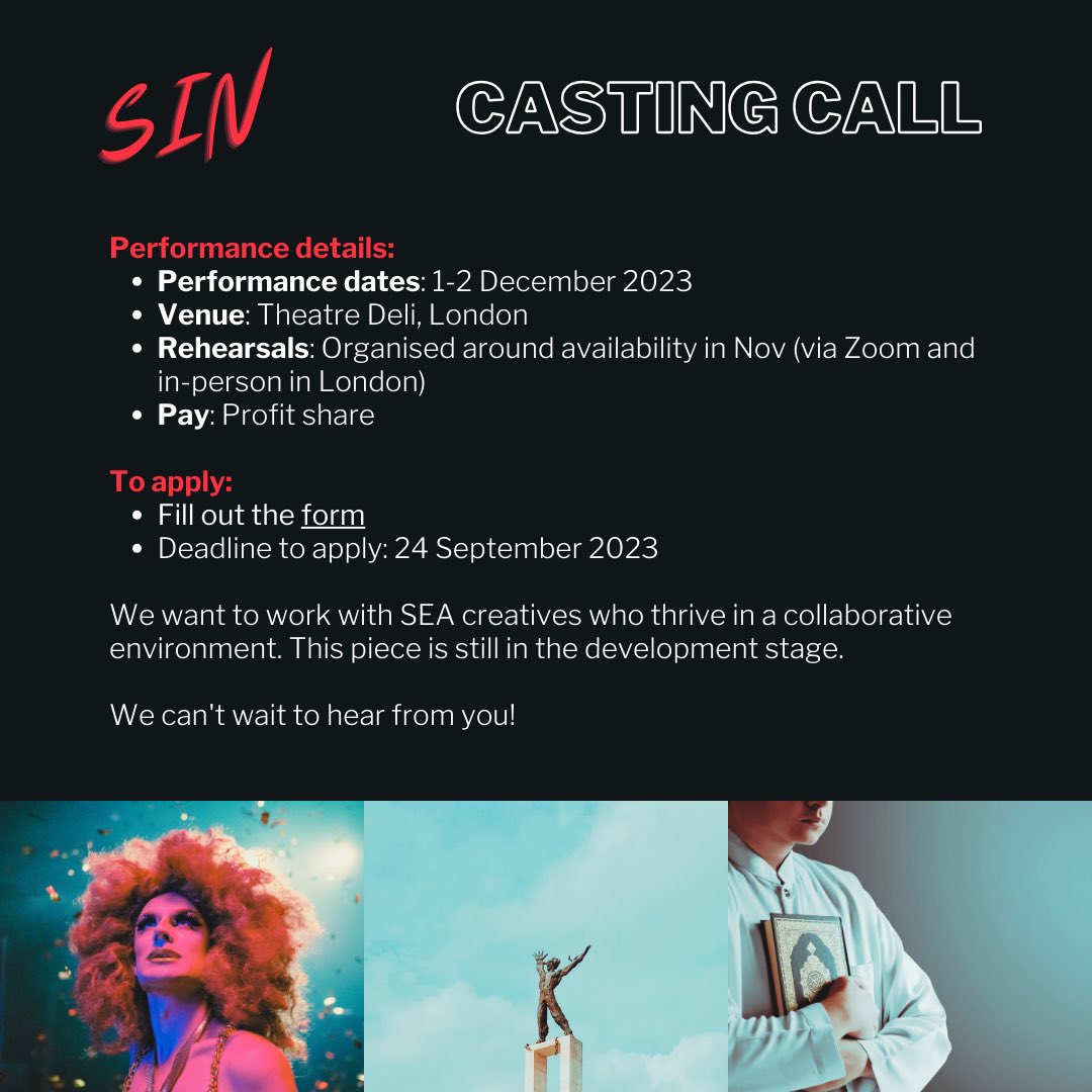 📣 Casting Call: SIN

SIN provides insight into the conflict between traditional religious teachings and the LGBTQIA+ community in Indonesia. 

Apply here: tr.ee/kHHkEIBWAH

<a href="/theatredeli/">Theatre Deli</a> 

#castingcall