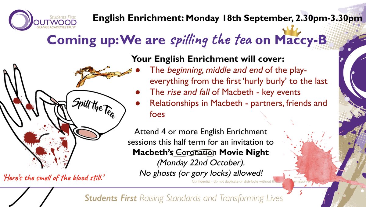 OutwoodAcklam's tweet photo. 🩸 Y11 English Enrichment 🩸
Monday night is English enrichment with a focus of Macbeth this half term - ready in preparation for our November Mock exams. Come along 4 times this half term to get your seat for Macbeth Movie Night! 🍿 #BeTheBestWeCanBe #Maccy-B https://t.co/W45QdjEKPQ