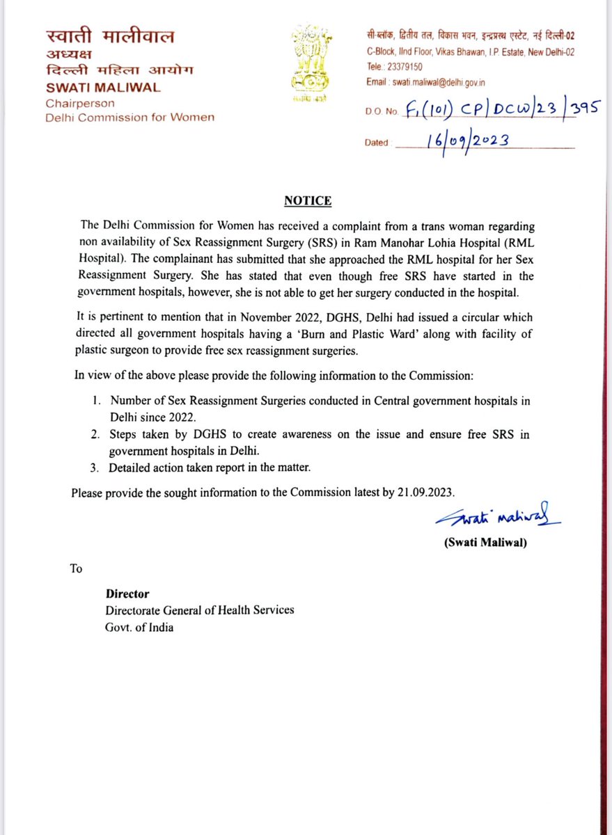 SwatiJaiHind's tweet photo. A trans woman was allegedly denied free sex reassignment surgery at RML hospital. We have issued notices to the hospital, Delhi and Central Govt. Free sex reassignment surgeries are a right of transgenders and should be provided to them! https://t.co/N2ns3LQyKv