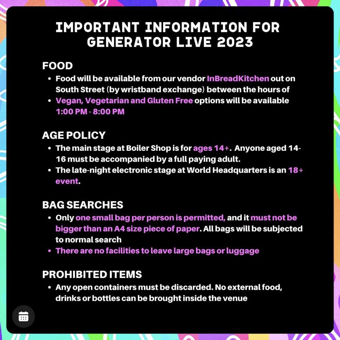 TODAY: @GeneratorLiveNE Festival Venue FAQS: bit.ly/46fAAUO Accessibility: bit.ly/46dpIGR FINAL tickets: bit.ly/3J8kG4m Set times & festival info ⬇️⬇️⬇️ (Please note times are subject to change).