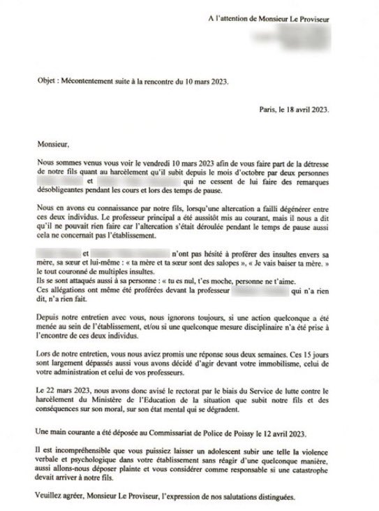 InstantActu's tweet photo. 🇫🇷 FLASH - Le rectorat de #Versailles avait menacé de porter plainte contre les parents de l’adolescent de 16 ans qui s’est suicidé à #Poissy, après qu’ils aient alerté le proviseur de son établissement dans une lettre : "Il est incompréhensible que vous puissiez laisser un adolescent subir une telle violence verbale et psychologique dans votre établissement sans réagir d'une quelque manière, aussi allons-nous déposer plainte et vous considérer comme responsable si une catastrophe devait arriver à notre fils". Le rectorat a répondu en évoquant "un supposé harcèlement subi par [leur] enfant", et appelait les parents à "adopter désormais une attitude constructive et respectueuse envers les membres de la communauté éducative", en leur rappelant que les dénonciations calomnieuses sont punies de 5 ans d'emprisonnement et de 45.000 euros d'amende. (BFMTV)