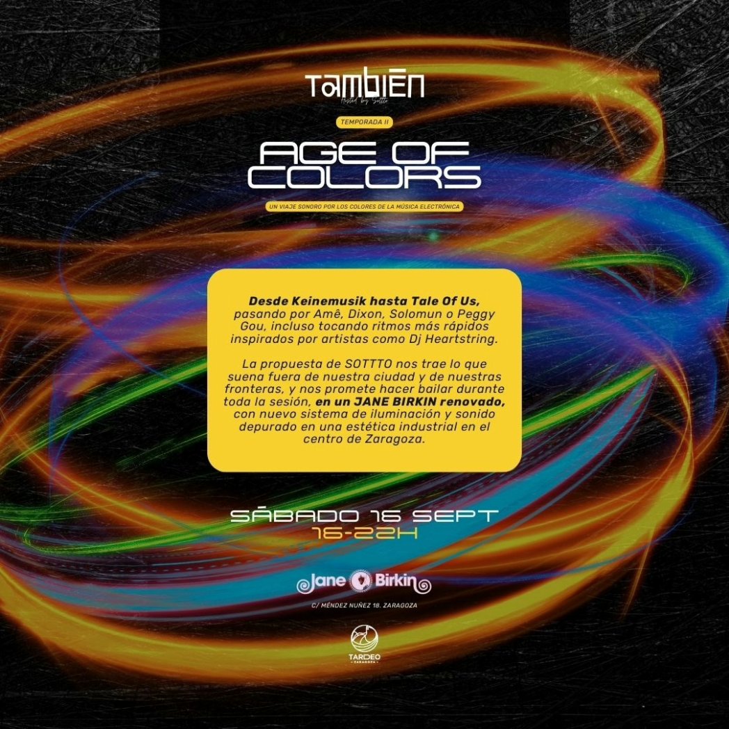 Hoy vuelve a #TardeoZaragoza nuestra fiesta de electrónica #Tambiēn. Tengo preparado un viaje musical por diferentes sonidos de la electrónica: house, afro, clásicos, tech y sonidos melódicos

Os esperamos en Jane Birkin #Zaragoza desde las 16.00