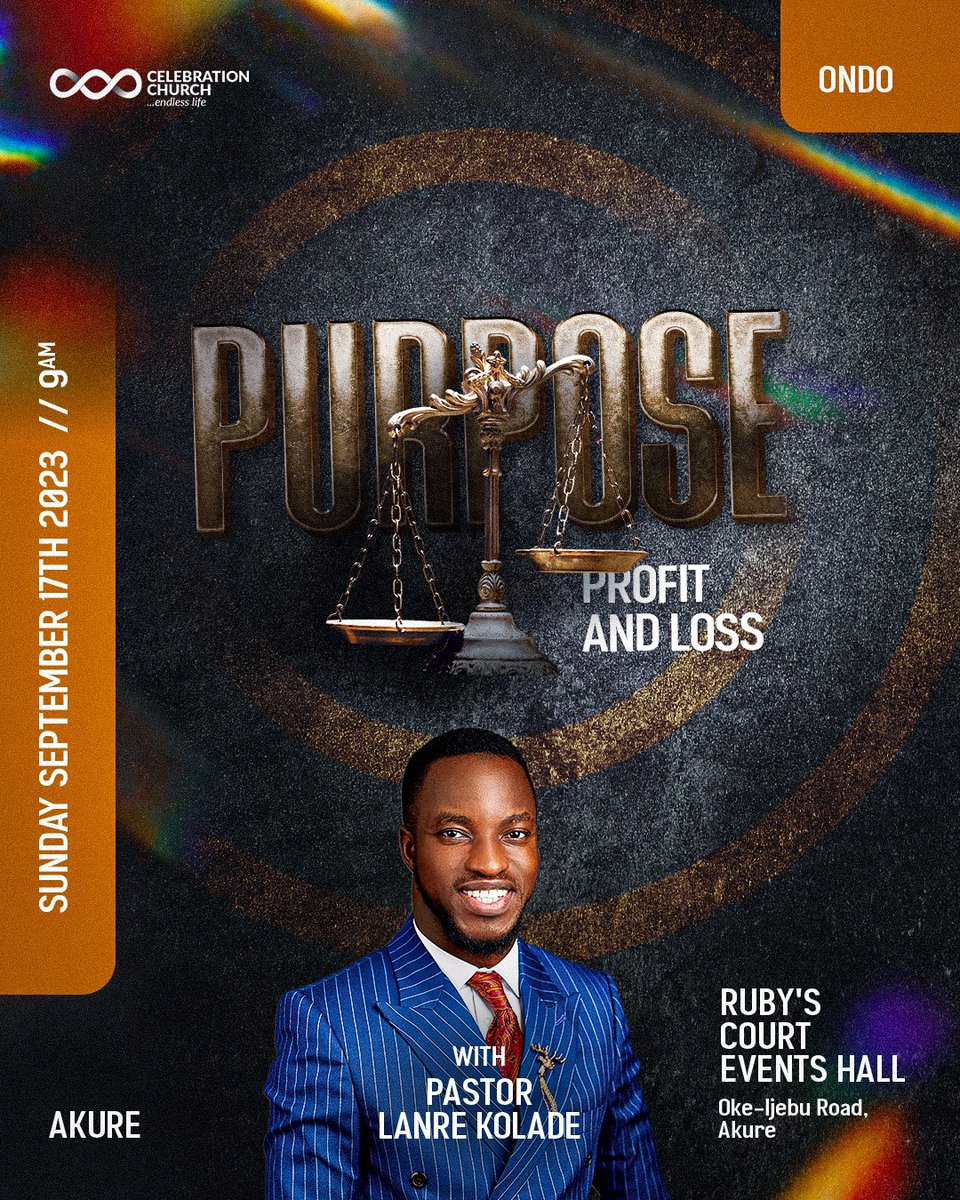 Join us this Sunday @cci_akure as we continue in the PURPOSE series to examine the topic “PURPOSE: PROFIT AND LOSS”. 🤗

⏰- 9:00 am
💒- Ruby's Court Event Hall, Oke-Ijebu, Akure

Don’t come alone 🤗

#Purpose
#ProfitAndLoss
#CCIAkure
#CCIGlobal