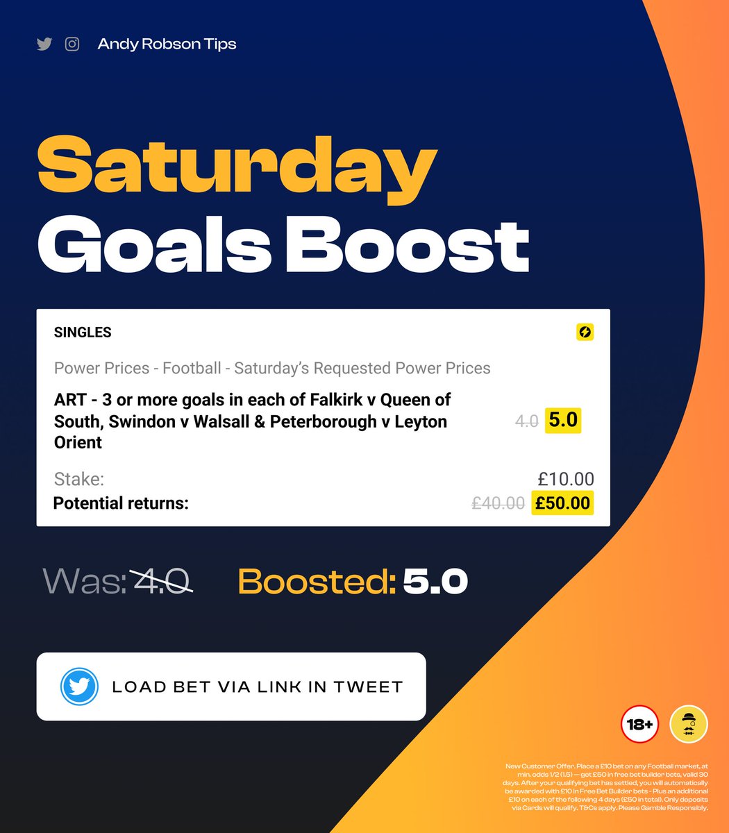 ⚽️ Saturday Goals Boost

Load bet: bit.ly/GoalsBoost-16S…

🎁 Join Paddy Power, bet £10 on my Goals Boost &amp; get £50 in Free Bets.

Claim here: bit.ly/Get-50FREE

✅ All games KO at 15:00.

18+, T&amp;Cs Apply. Ad.