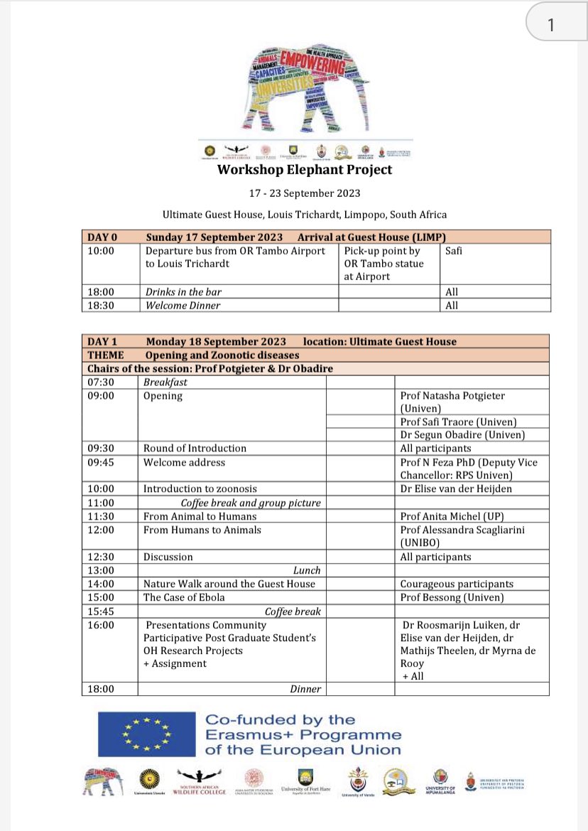 ELEPHANT One Health Project (@elephant_oh) on Twitter photo 2 Workshops
#ELEPHANTSouthAfrica the empowerment #OneHealth project of southern #Africa starting Monday.
Sep 2023
1st week hosted by <a href="/Univenofficial/">University of Venda</a>
2nd week by <a href="/ULvarsity/">University of Limpopo</a>
#OneHealthInAction
8 institutions tried empowering
#SouthAfricaOneHealth
Thanks <a href="/EUErasmusPlus/">Erasmus+</a> <a href="/UniUtrecht/">Utrecht University</a> 2 Workshops
#ELEPHANTSouthAfrica the empowerment #OneHealth project of southern #Africa starting Monday.
Sep 2023
1st week hosted by <a href="/Univenofficial/">University of Venda</a>
2nd week by <a href="/ULvarsity/">University of Limpopo</a>
#OneHealthInAction
8 institutions tried empowering
#SouthAfricaOneHealth
Thanks <a href="/EUErasmusPlus/">Erasmus+</a> <a href="/UniUtrecht/">Utrecht University</a>