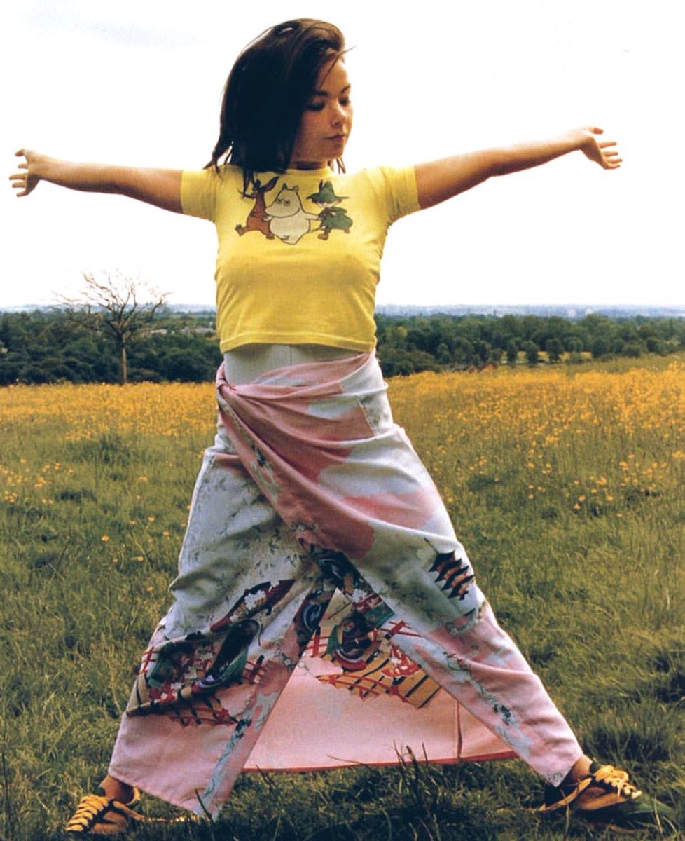 tuesdaywood's tweet photo. björk wearing a moomin t-shirt ♡ https://t.co/v5XUMkjbNJ