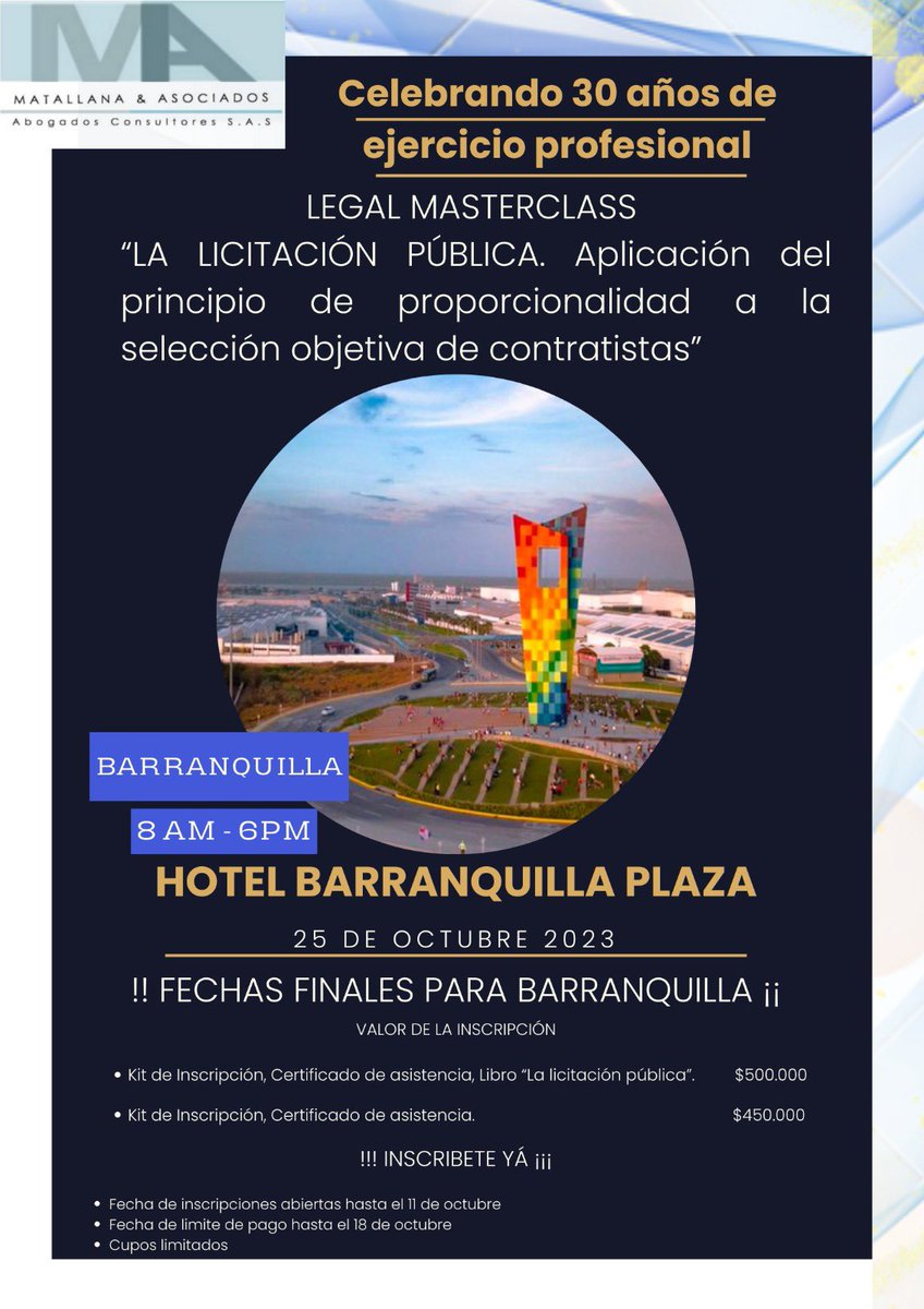 ErnestoMatallan's tweet photo. Si tu ciudad no se encuentra entre nuestras fechas programadas, ¡no te preocupes! Hemos abierto una última fecha en formato virtual para que nadie se lo pierda. Únete a nosotros y regístrate ahora en https://t.co/EVBy57c5JT . 👩‍⚖️👨‍⚖️ #LegalMasterClass #ContrataciónPública https://t.co/49i5xg9hIW