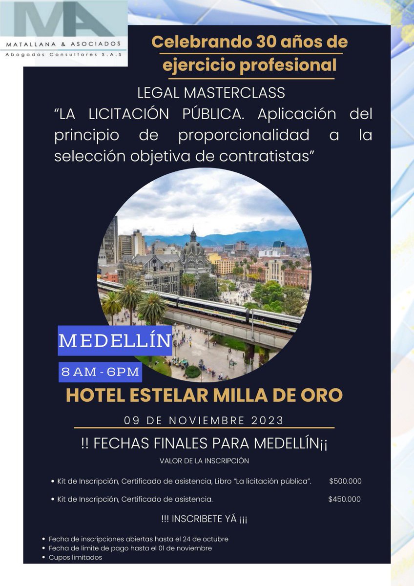 ErnestoMatallan's tweet photo. Si tu ciudad no se encuentra entre nuestras fechas programadas, ¡no te preocupes! Hemos abierto una última fecha en formato virtual para que nadie se lo pierda. Únete a nosotros y regístrate ahora en https://t.co/EVBy57c5JT . 👩‍⚖️👨‍⚖️ #LegalMasterClass #ContrataciónPública https://t.co/49i5xg9hIW