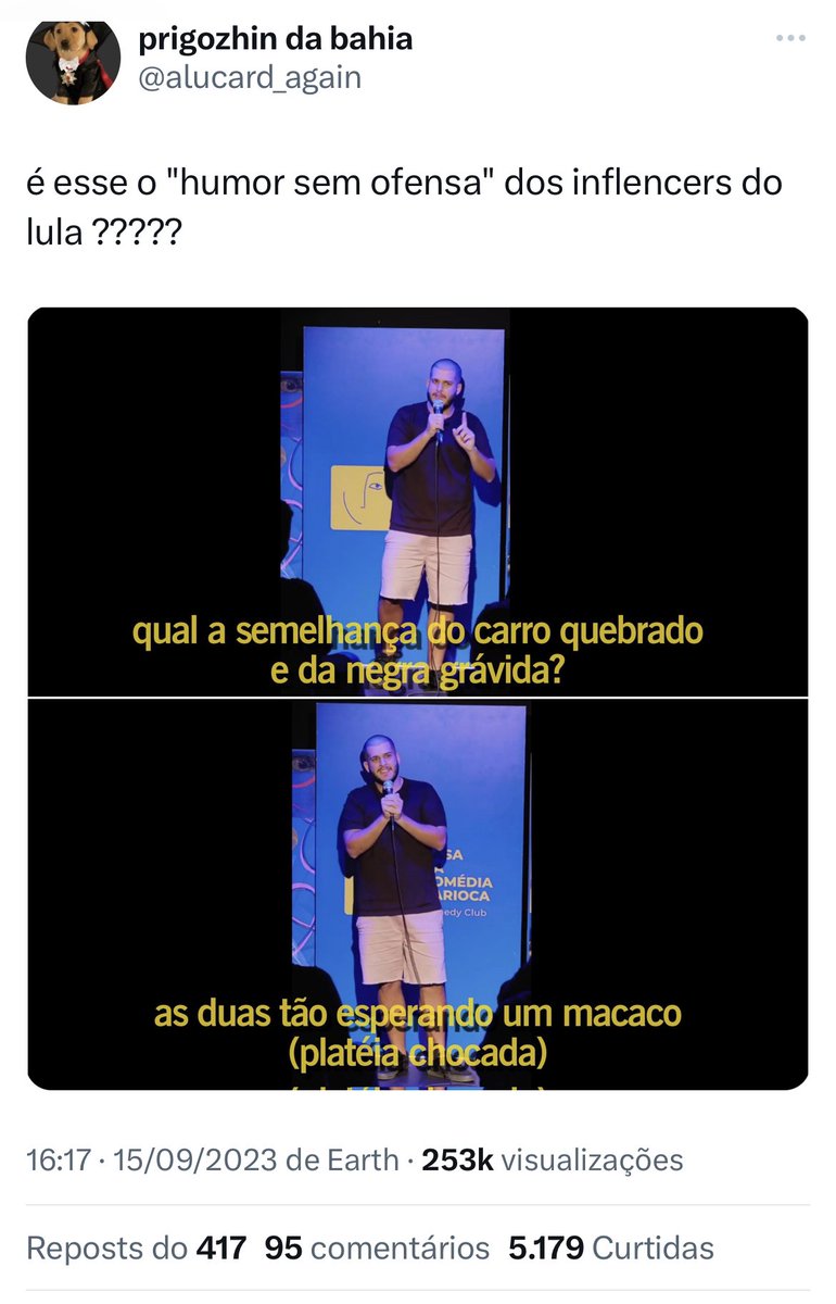 O perfil <a href="/alucard_again/">prigozhin da bahia</a> tirou print de um vídeo (que já postei aqui) e adicionou um texto que atribui falas racistas a mim.

Obviamente trata-se de uma montagem e eu jamais disse aquilo.

Acabei de sair da delegacia, onde fiz um B.O. Peço que denunciem o perfil, por favor. +