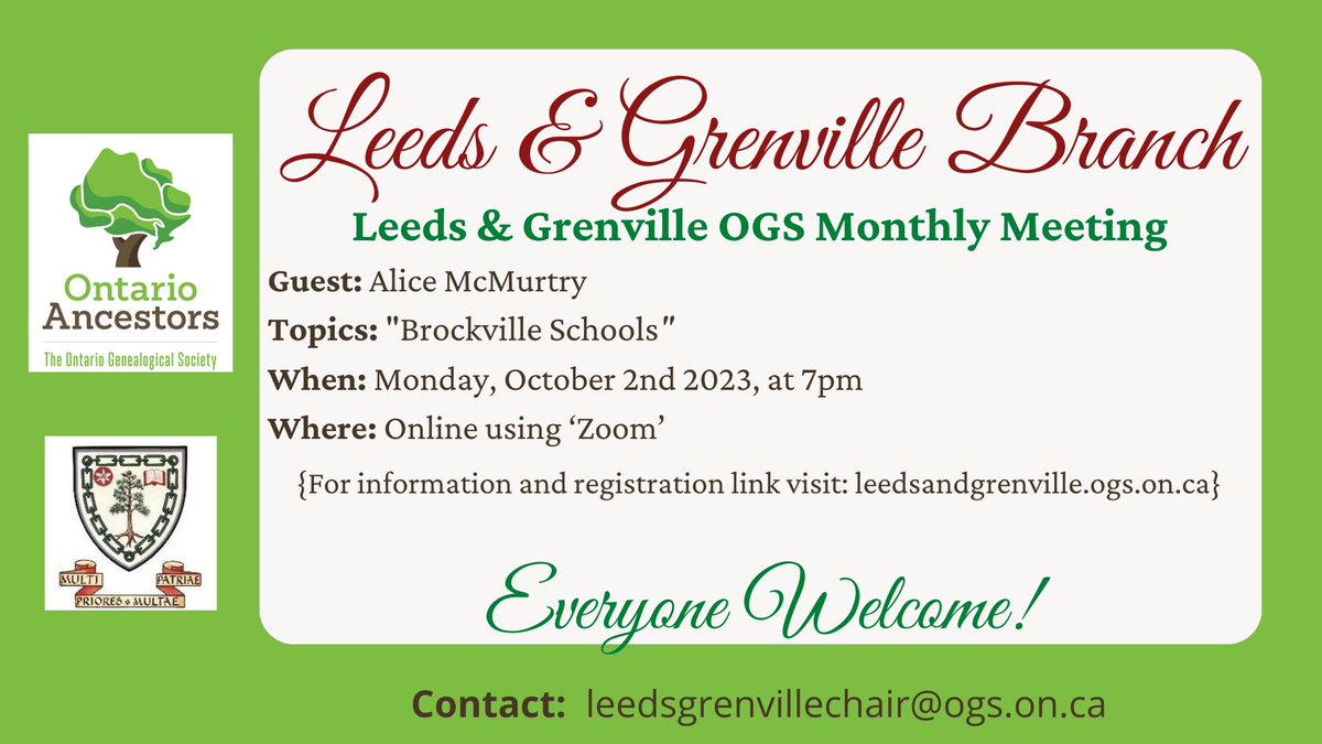 Join us for "Brockville Schools" presented by Alice McMurtry from the <a href="/BrockvilleMus/">Brockville Museum</a> Monday Oct 2nd at 7pm.

Register: us02web.zoom.us/meeting/regist…

More details: leedsandgrenville.ogs.on.ca

#genealogy #ontarioancestors #brockville #familyhistory #LocalHistory #brockvillehistory #school