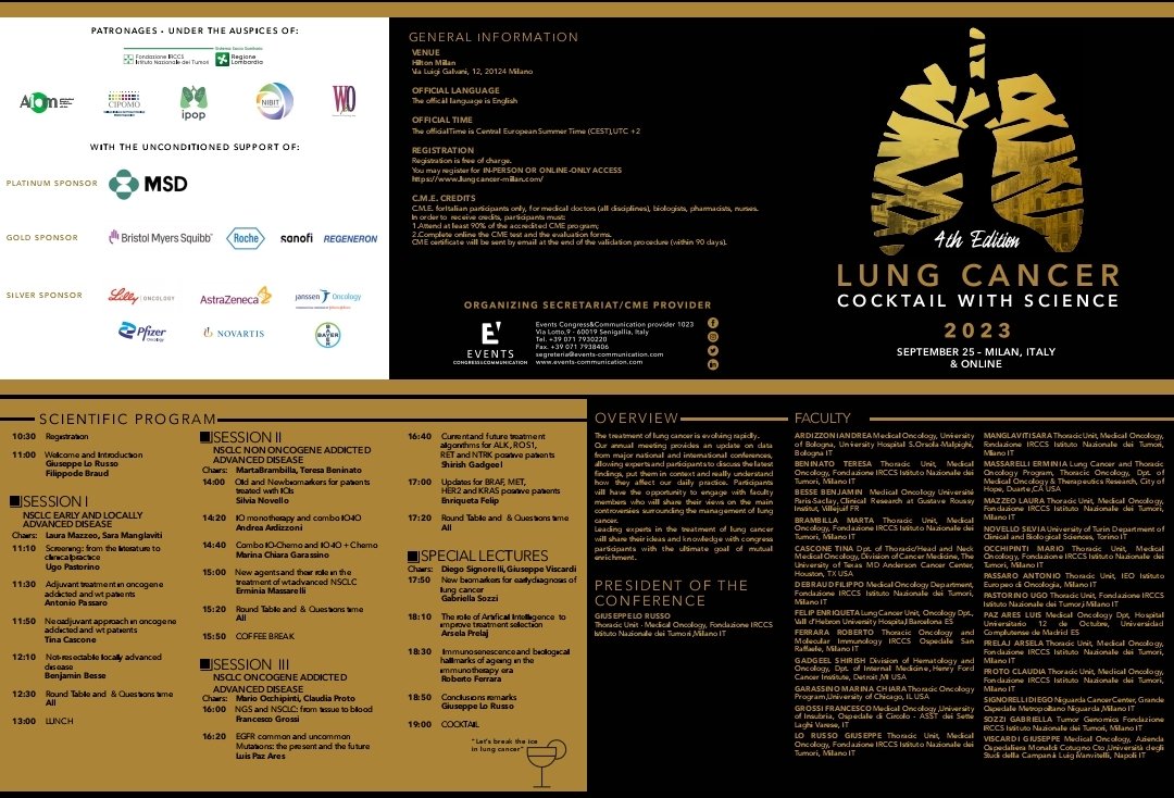Martina Imbimbo (@mimbimbo1) on Twitter photo Want to be update on the state-of-art for treatment for Lung Cancer, and much more?
Join in person or online, terrific faculty!
lungcancer-milan.com
<a href="/GLoRussoMD_PhD/">Giuseppe Lo Russo</a>
Congress is in English! Want to be update on the state-of-art for treatment for Lung Cancer, and much more?
Join in person or online, terrific faculty!
lungcancer-milan.com
<a href="/GLoRussoMD_PhD/">Giuseppe Lo Russo</a>
Congress is in English!