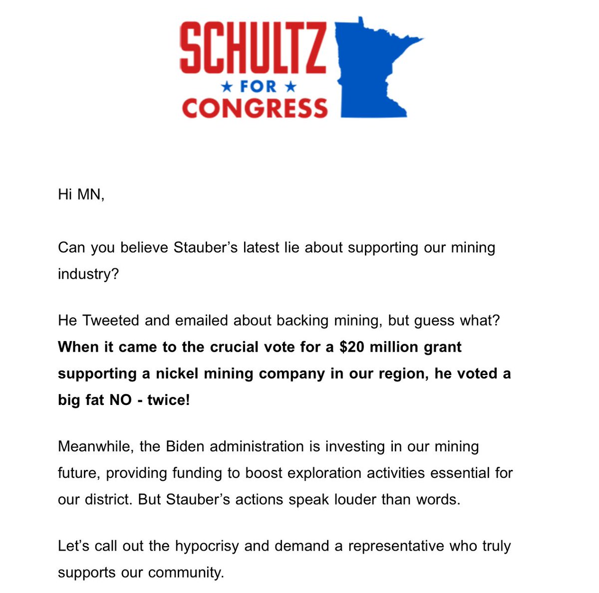 I like that <a href="/RepJenSchultz/">Jen Schultz</a> has started the campaign by repeatedly calling out the lies being told by <a href="/RepPeteStauber/">Pete Stauber</a>.
<a href="/PeteStauber/">Pete Stauber</a> has given her plenty of ammunition to call out his attempts to deceive the voters in the 8th District of Minnesota.