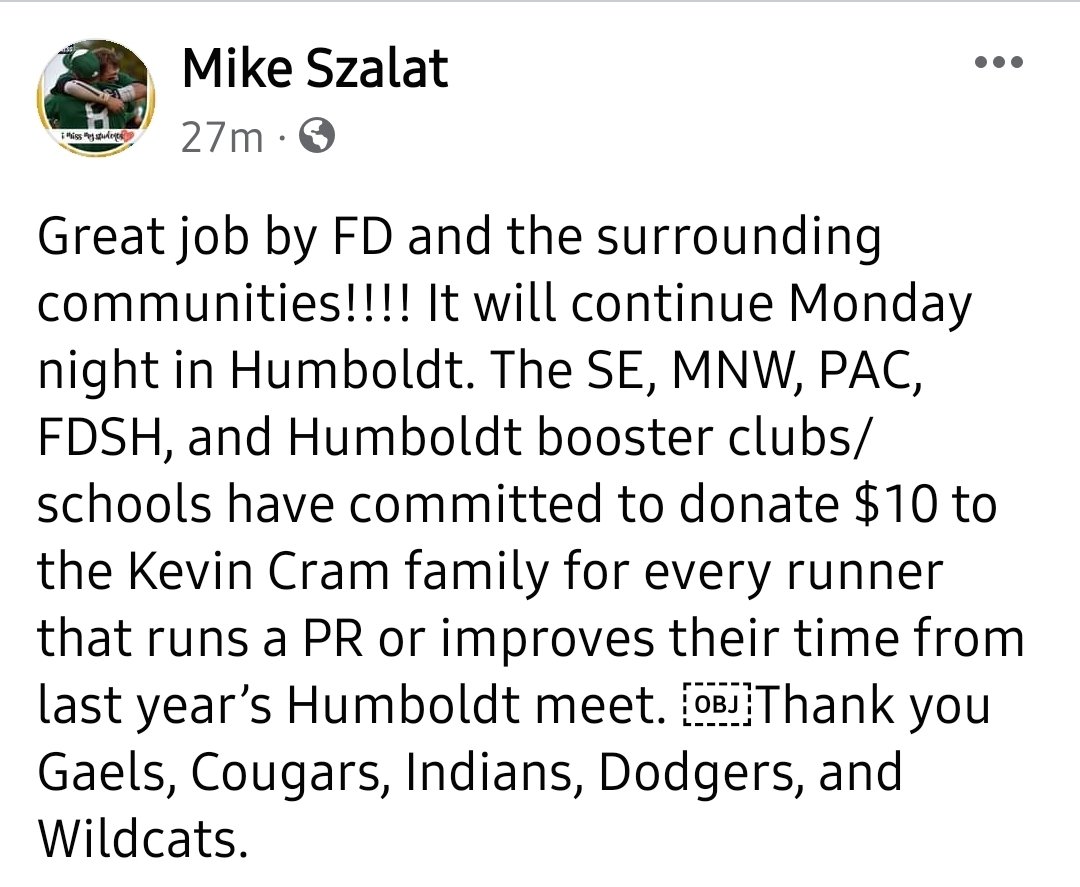 Area support for Kevin Cram's family will continue into the coming week and cross country. Great to see, <a href="/GaelsXC1/">Mike Szalat</a>! #iahsxc