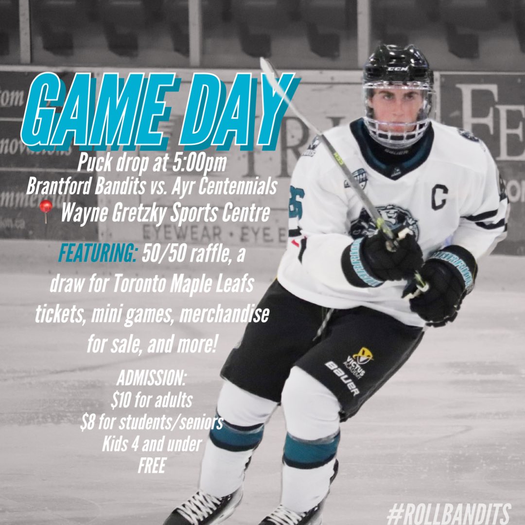BanditHockey's tweet photo. It GAME DAY! Tonight, your Brantford Bandits will take on the @AyrCentennials in their homeopener. Puck drop is at 5pm at the Wayne Gretzky Sports Centre. In addition to some great Brantford hockey, there will also be tons of games, raffles, merch sales and some special guests! https://t.co/cw0tsU4mv7