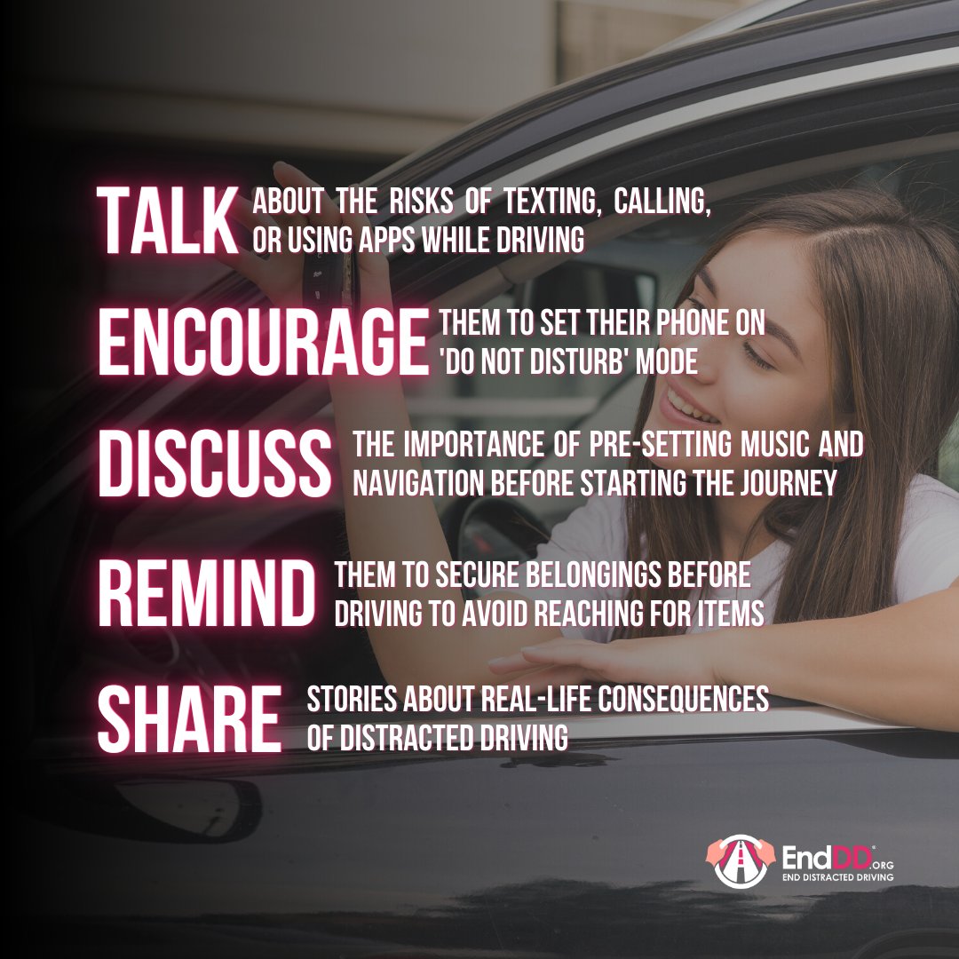 end_dd's tweet image. Empower your teen to conquer the school drive distraction-free. Start a conversation about the risks, set guidelines, and emphasize the value of staying focused. Their journey, their responsibility. 🚗📵 

#DriveSafe #TeenDrivers #endDD