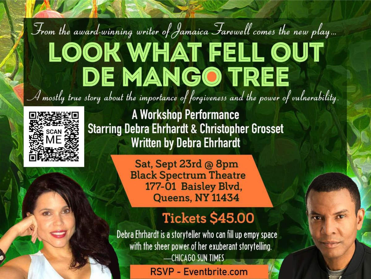 Don't miss Debra Ehrhardt's performance of “Look What Fell Out de Mango Tree” on September 23rd at Black Spectrum Theatre in Queens, NY. Nostalgia, Patriotism and laughter...

#newyork #blackspectrumtheatre #theatre #performingarts