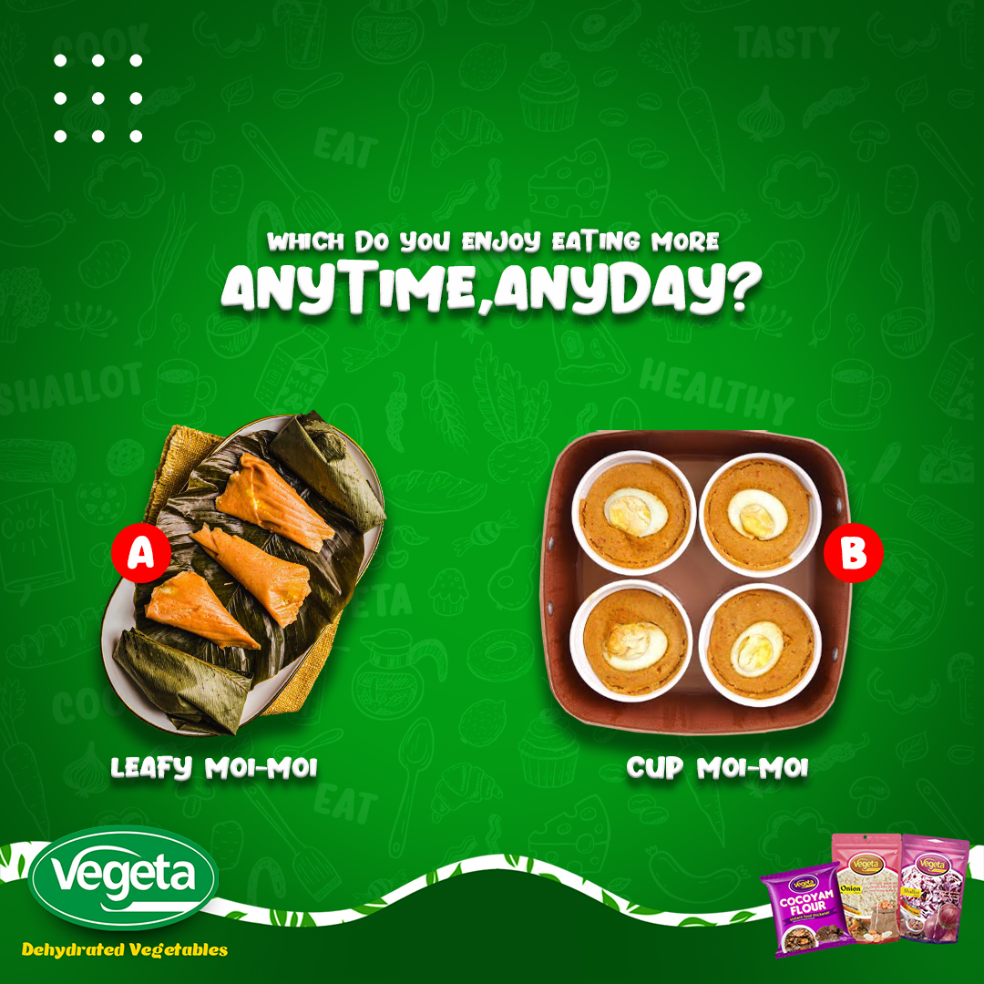 VegetafoodsNg's tweet photo. Which Moimoi is your favourite? π€ Cup Moimoi or Leafy Moimoi? π€©
The perfect balance of flavours and textures makes it a tough call, but we want to know which one YOU prefer!
#Vegeta #NaijaBrand #Onion #Shallot #WeMakeCookingEasy #NigerianFood #AfricanCuisine #Foodie https://t.co/PcJG8BZpYs