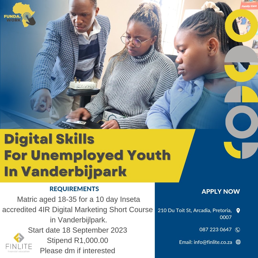 HRekaofela's tweet photo. FINLITE Financial Education ( Funda Work) is looking for unemployed youth between the ages of 18 - 35 years in Vanderbijlpark and the surrounding areas with matric to enroll for a 10 day Inseta accredited 4IR Digital Marketing Short Course that will start on Monday, 18 September https://t.co/Us5pX2qdvw