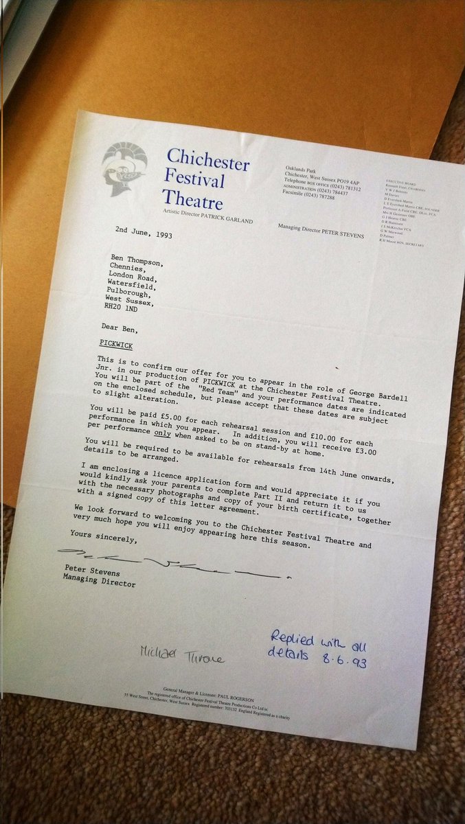 Sorting through paper work at my parents' and found my first professional job offer from when I was 11. 'Pickwick' @ChichesterFT paid the princely sum of £10 per performance! One day I hope to return to work there as an adult (hint hint). Maybe on more than a tenner a show 😁