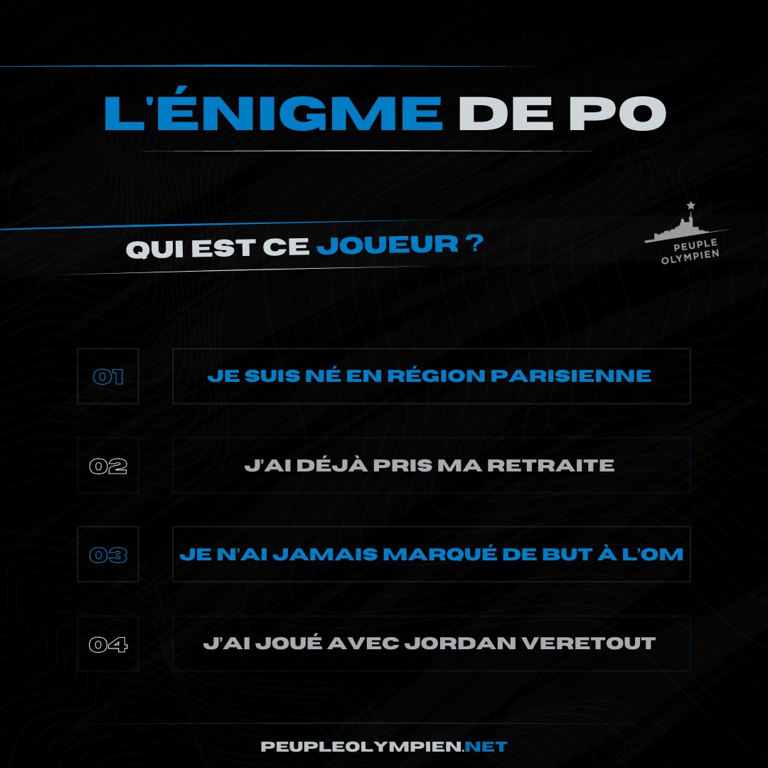 peupleolympien's tweet image. 🧠 C’est l’heure de l’ÉNIGME !

Quatre indices seulement pour retrouver le nom de ce joueur passé par l’#OM 🕵️‍♀️🤔. 

🕹️ NIVEAU : #Difficile 

#TeamOM | #OMFamily #OM