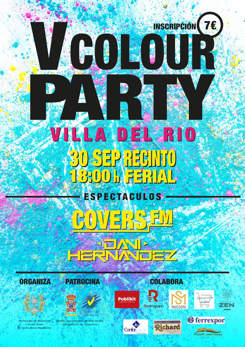 MagdalenaHdad's tweet photo. V COLOUR PARTY #villadelrio @MagdalenaHdad  El próximo 30 de septiembre a partir de las 18 h os esperamos en el recinto ferial.
Ya están disponible las inscripciones, por 7 euros conseguirás la mochila, camiseta, agua y una bolsita de colores. ¡No te lo pierdas! https://t.co/oOF4Npte30