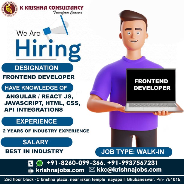 We are hiring! Fronted Developer
Contact Us for More Details(krishnajobs.com).
& Call Us at (+91-8260099366/8917387365)
#sales #relationshipmanager #employment #jobopportunity #vacancy #consultancy #bestopportunity #consultant #consulting #training #bestjobconsultatncy