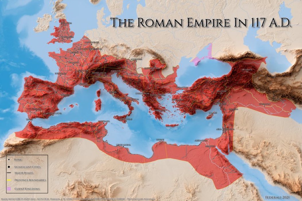 JamesLucasIT's tweet photo. L'Impero Romano al suo apice territoriale nel 117 d.C. Quasi 6 milioni di km². https://t.co/R0BI2X9yEF