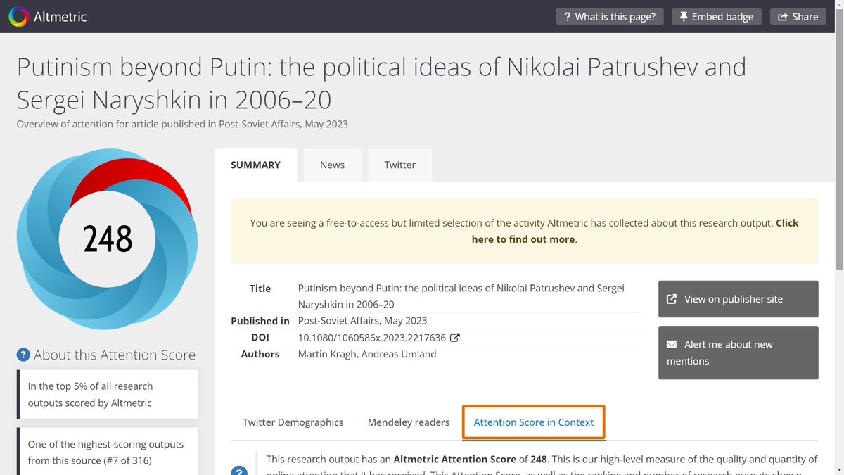UmlandAndreas's tweet photo. .@MartinKragh1's & my May 2023 #PostSovietAffairs essay "#Putinism beyond Putin" on Patrushev & Naryshkin is now:
"In the top 5% of all research outputs scored by @altmetric."
https://t.co/Vzuh4az35A
@SCEEUS_UI @ResearchUI @UISweden @tandfonline @UU_PoliSci @aseeestudies https://t.co/PR9k3txejN